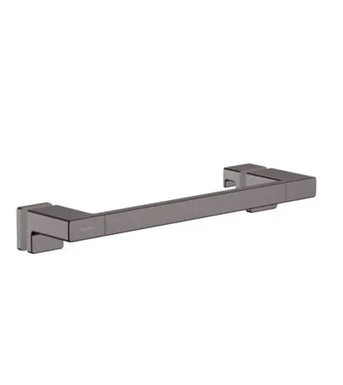 Hansgrohe Duschtürgriff in Brushed Black Chrome, aus rechteckigen Elementen bestehend, montiert an Wänden, bietet eine klare, funktionale Gestaltung.